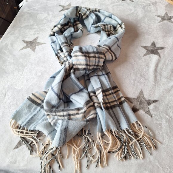 V. Fraas Cashmink Blue & Beige Plaid Design Fringe Scarf Wrap Made In Germany OS - Picture 1 of 7